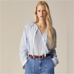 J. Crew Top Womens Medium Blue Tie Neck Striped Crinkle Cotton Coastal Preppy